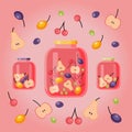 Card, print, banner with fruit compotes and ingredients. Homemade canned fruit compote in a glass jar, sweet fruit drink, apple