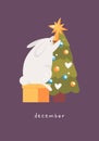 Card with rabbit. Cute the bunny stands on the box with toys and decorates the Christmas tree. Month december, Merry
