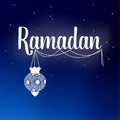 Card with Ramadan text and arabic lantern. Night sky with stars. Invitation for muslim holy month Ramadan Kareem. Stock