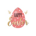 Card with red dotted Easter egg and golden handwritten inscription Happy Easter.