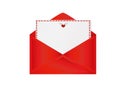 Card with red hearts in an envelope. Valentine`s Day.