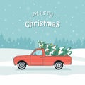 Card of red pickup with christmas tree Royalty Free Stock Photo