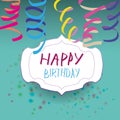 Card with ribbon and badge with happy birthday.