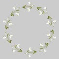 card Round frame with white snowdrop flowers with leaves. Vector illustration. Spring card, decoration, napkin for Royalty Free Stock Photo