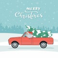 Card of Santa Claus in pickup truck with Christmas tree Royalty Free Stock Photo