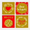 Set of cute postcards with hand lettering, laurel wreaths, branches, leaves, heart.