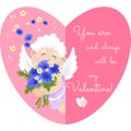 Card in the shape of a heart with an angel and a congratulation on Valentine\'s Day