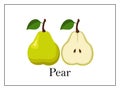 Card with signed whole pear and pear cut in half on white background in thin frame