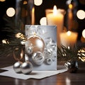 Card with silver baubles in the background of Candles, bokeh effect. Christmas card as a symbol of remembrance of the birth of the Royalty Free Stock Photo