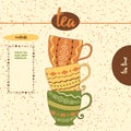 Card with sketched tea cups for menu design or web template. Hand drawn colored mugs with geometric ornament.