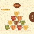 Card with sketched tea cups for menu design or web template. Hand drawn colored mugs with geometric ornament.