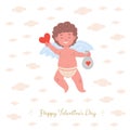 Card with smiling cupid character holding valentine