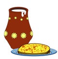 Card with sour cream and pancakes. Clay jug and plate with pancakes. symbols of the spring holiday Shrovetide or