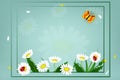 Fresh spring background with grass, dandelions and daisies. Design banner with spring is here logo. Card for spring season.