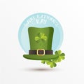 Card for St. Patrick Day. Leprechaun hat and the shamrock leaves. Cartoon funny style.