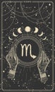 Card for stories with Zodiac sign Scorpio hand drawn, vintage boho illustration of astrology, black mystical background