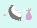 Card with a stork holding a scarf with a baby