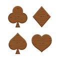 Card suit icon wooden dark brown isolated on white background, symbol card clubs diamonds hearts and spades shape, wood sign club