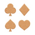 Card suit icon wooden isolated on white background, symbol card clubs diamonds hearts and spades shape, wood sign club diamond