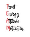 Card with TEAM TRUST ENERGY ATTITUDE MOTIVATION message, business concept