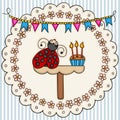 Card template with a cute ladybug with birthday cake background