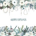 Card template, floral border of watercolor winter flowers, poinsettia and eucalyptus branches, pearl garlands Royalty Free Stock Photo