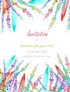 Card template with the floral design; watercolor abstract variegated mimosa flowers and leaves