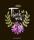 Card template with hand drawn flower border and hand written Thank You text. Vector illustration. Royalty Free Stock Photo