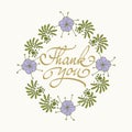 Card template with hand drawn flower border and hand written Thank You text. Vector illustration. Royalty Free Stock Photo