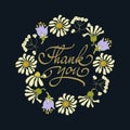 Card template with hand drawn flower border and hand written Thank You text. Vector illustration. Royalty Free Stock Photo