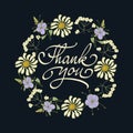 Card template with hand drawn flower border and hand written Thank You text. Vector illustration. Royalty Free Stock Photo