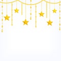 Card template with hanging yellow gold stars, shiny beads isolated on white background