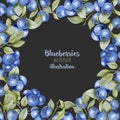 Card template with watercolor blueberries branches, frame border background