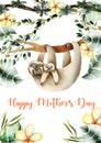 Card template with watercolor mother sloth and baby