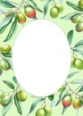 Card template with watercolor olive tree branches with olives an