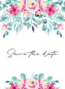 Card template with watercolor pink flowers, wildflowers, green leaves, branches and eucalyptus Royalty Free Stock Photo