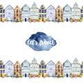 Card template with watercolor scandinavian houses street