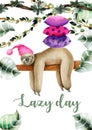 Card template with watercolor sleeping sloth