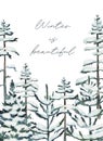 Card template with watercolor snowy pine trees and firs Royalty Free Stock Photo