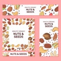 Card templates with cartoon colorful nuts and seeds. Set of AD-cards. Royalty Free Stock Photo