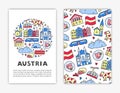 Card templates with lettering and doodle colored Austria icons.