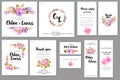 Card templates set with pink and purple watercolor wild roses background; artistic design for business, wedding, anniversary Royalty Free Stock Photo