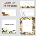 Card templates set with spices: cinnamon, anise, vanilla. Vector illustration of the design of the corporate identity of cafes,