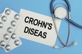 Card with text CROHN`S DISEASE, pills and stethoscope