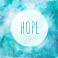 Card Hope in the round frame - blue green watercolor background