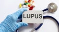 Card with text LUPUS supplies, pills and stethoscope. Medical concept Royalty Free Stock Photo