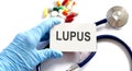 Card with text LUPUS supplies, pills and stethoscope. Medical concept Royalty Free Stock Photo