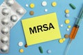 Card with text MRSA Methicillin-resistant Staphylococcus Aureus  pills and syringe Royalty Free Stock Photo