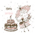 Card to the birthday with a cute Princess and a large birthday cake. Vector