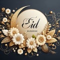 vector design, decorations and flowers, copie space, Lettering on gold "Eid Mubarak".